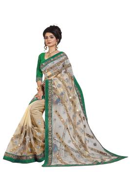 Green embroidered net saree with blouse 4
