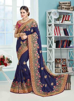 Blue embroidered poly silk saree with blouse 1