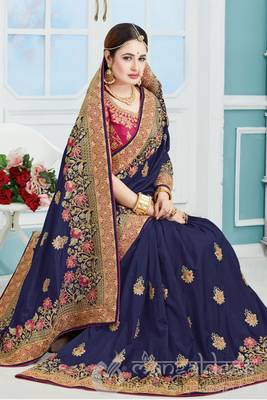 Blue embroidered poly silk saree with blouse 2