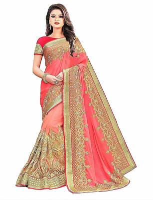 Pink embroidered chiffon saree with blouse 1