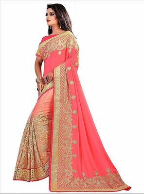 Pink embroidered chiffon saree with blouse 2