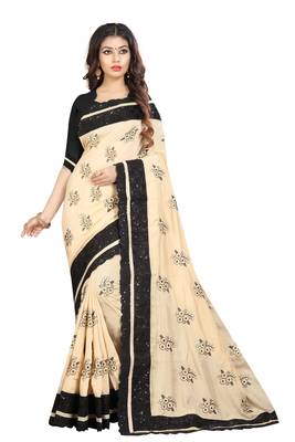 Beige embroidered georgette saree with blouse 1