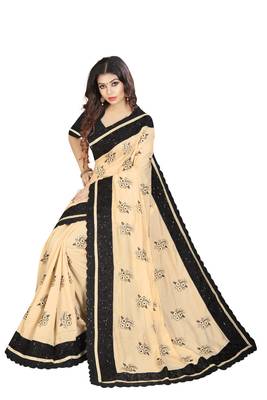 Beige embroidered georgette saree with blouse 4