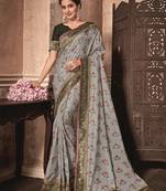 Grey Embroidered Pure Silk Saree With Blouse