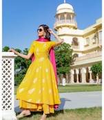 yellow printed Cotton kurta sets