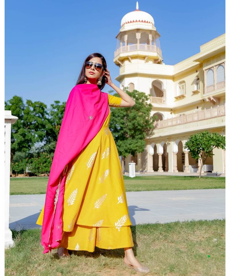 yellow printed Cotton kurta sets