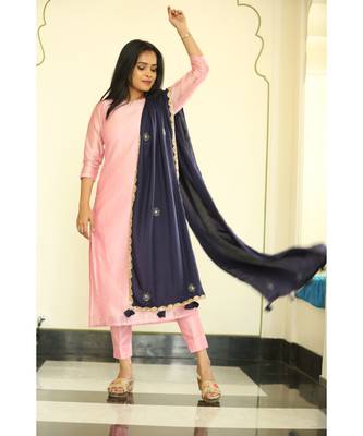 pink plain chanderi kurta sets 1