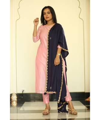 pink plain chanderi kurta sets 4