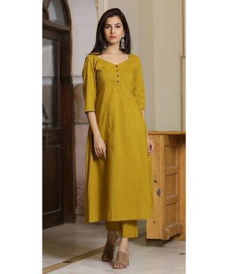 olive plain Cotton kurta sets 1