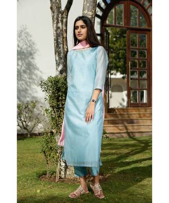 Turquoise plain Cotton kurta sets 1