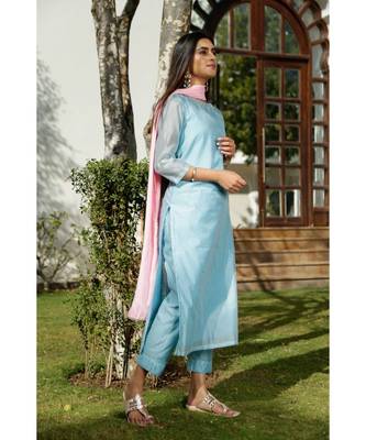 Turquoise plain Cotton kurta sets 2