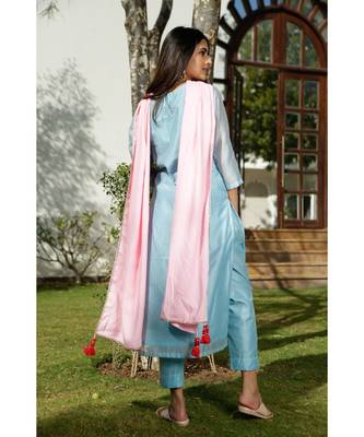 Turquoise plain Cotton kurta sets 3