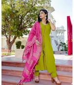 green plain Cotton kurta sets