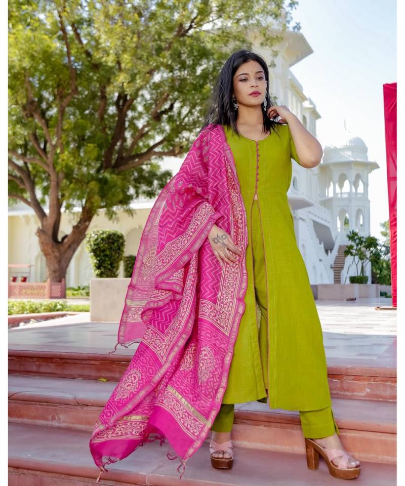 green plain Cotton kurta sets