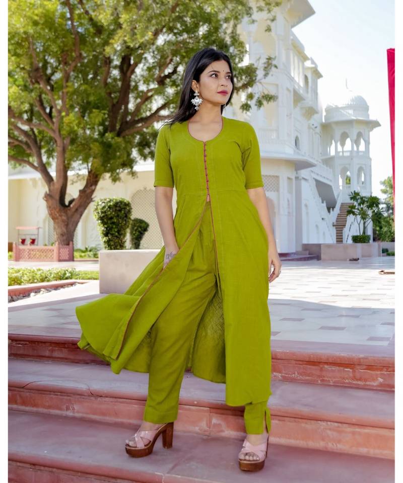 green plain Cotton kurta sets