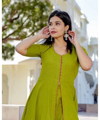 green plain Cotton kurta sets 4