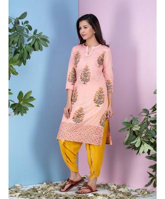peach printed Cotton kurta sets 1