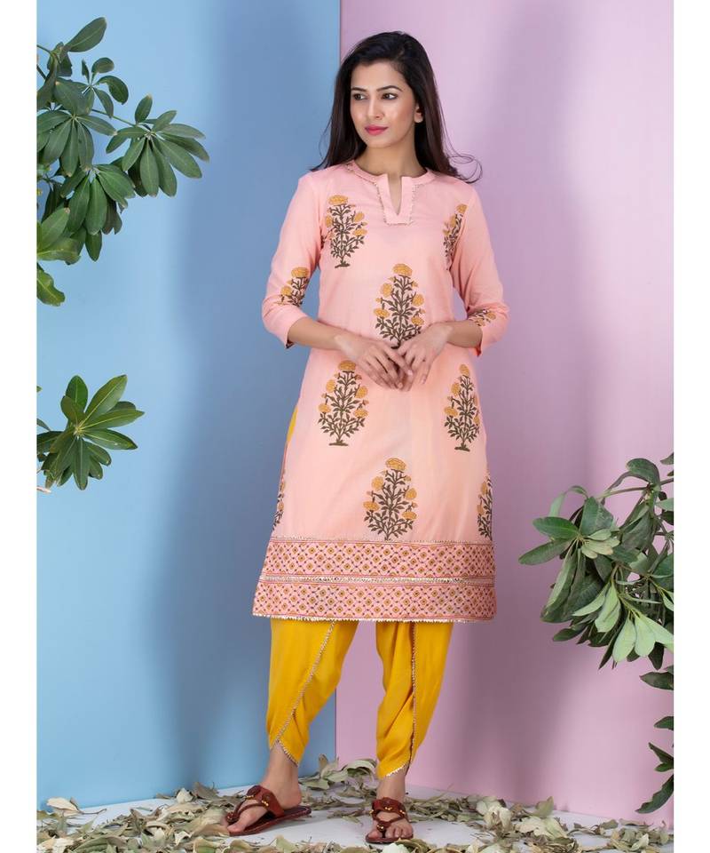 peach printed Cotton kurta sets