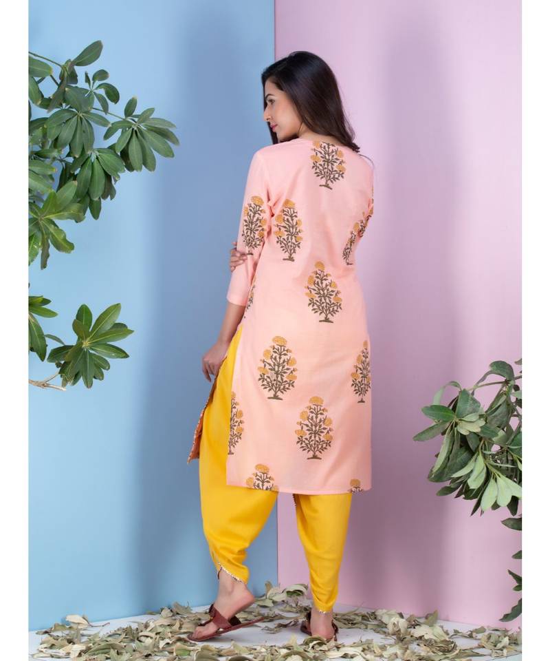 peach printed Cotton kurta sets