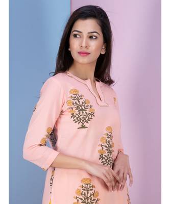 peach printed Cotton kurta sets 4