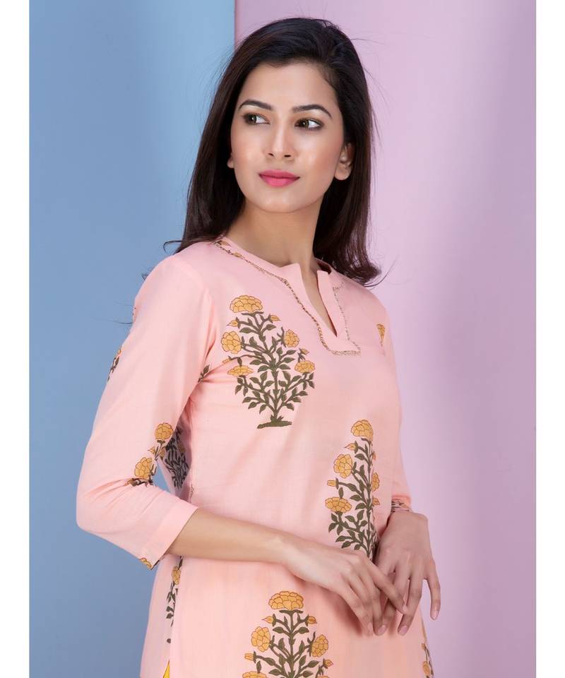 peach printed Cotton kurta sets