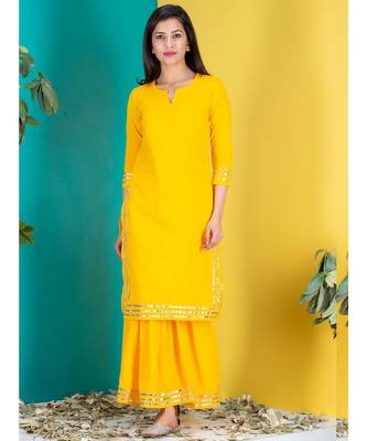 yellow plain Cotton kurta sets 1