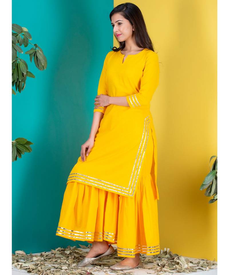 yellow plain Cotton kurta sets