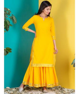 yellow plain Cotton kurta sets 3