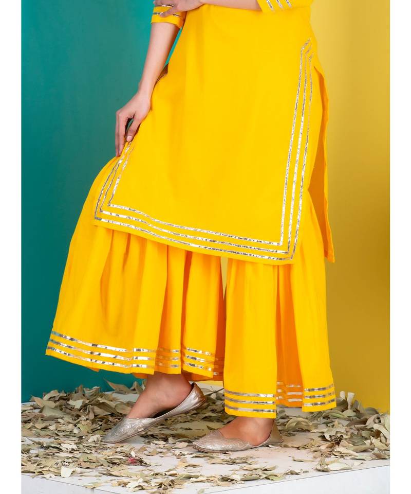yellow plain Cotton kurta sets