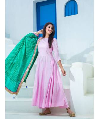 pink plain Cotton kurta sets 3
