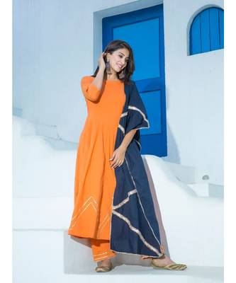 orange plain Cotton kurta sets 1