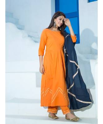 orange plain Cotton kurta sets 2