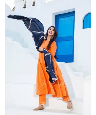 orange plain Cotton kurta sets 3