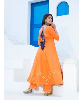 orange plain Cotton kurta sets 4