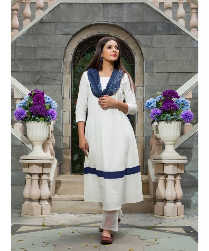 white printed Cotton kurta sets