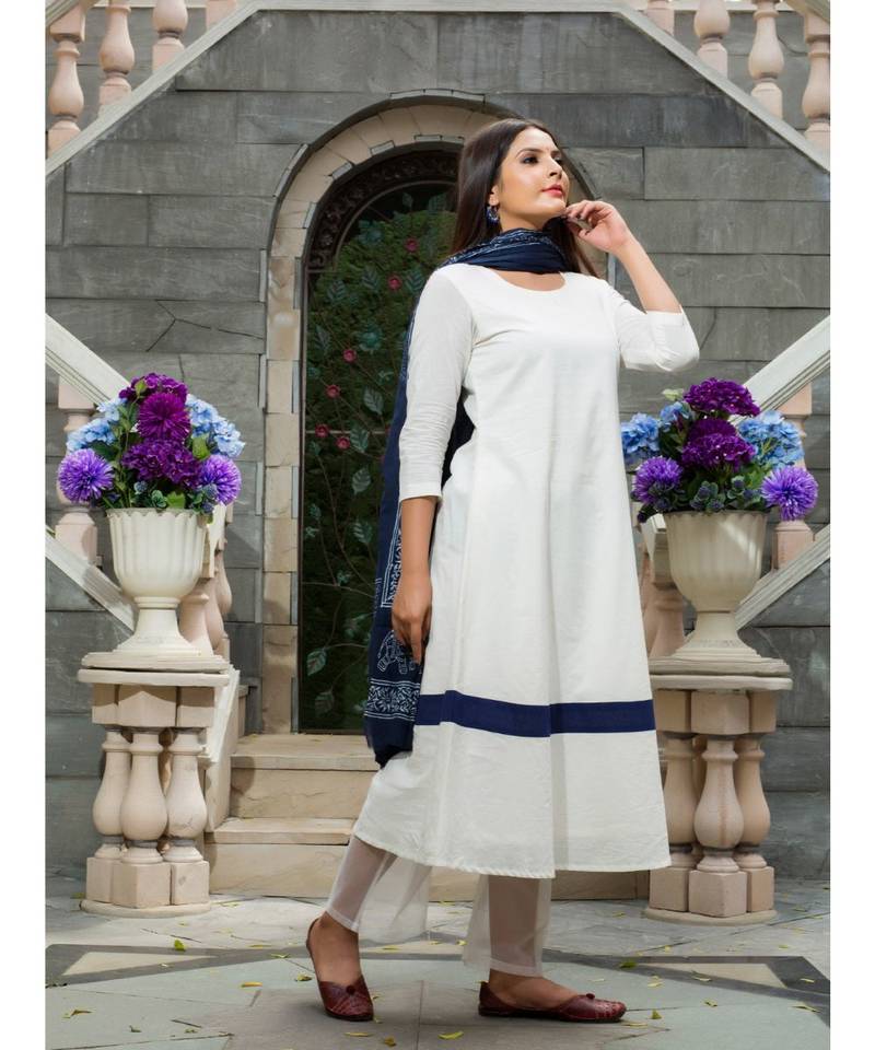 white printed Cotton kurta sets