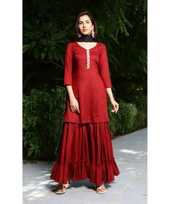 maroon plain rayon kurta sets 1