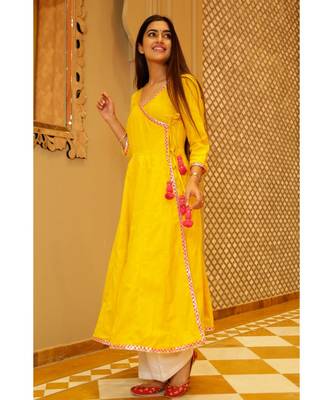 yellow plain Cotton kurta sets 2