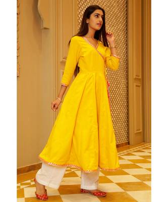 yellow plain Cotton kurta sets 3