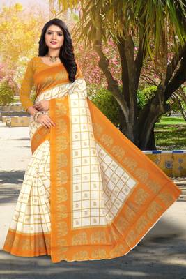 Yellow printed art silk sarees saree with blouse 1