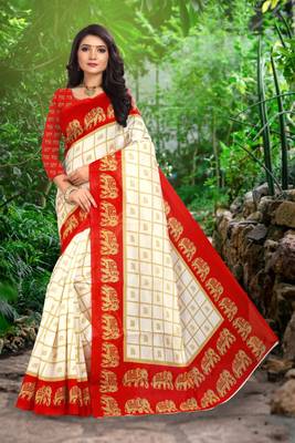 Red printed art silk sarees saree with blouse 1