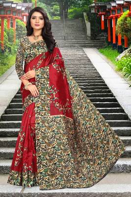 Dark maroon printed art silk sarees saree with blouse 1