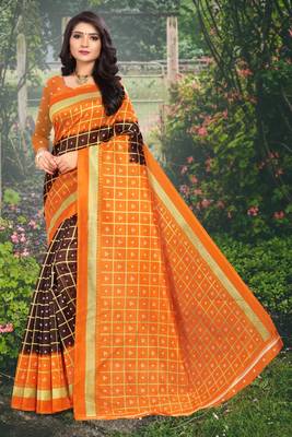 Orange printed art silk sarees saree with blouse 1