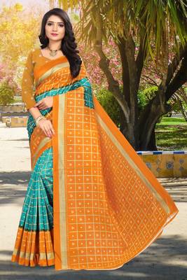 Orange printed art silk sarees saree with blouse 1