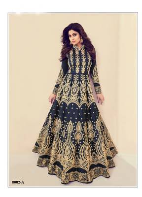 blue embroidered banarasi silk semi stitched salwar with dupatta 1
