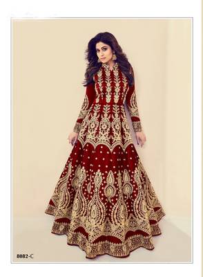 red embroidered banarasi silk semi stitched salwar with dupatta 1