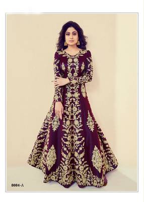purple embroidered banarasi silk semi stitched salwar with dupatta 1