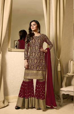 red embroidered faux georgette semi stitched salwar with dupatta 1