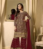 red embroidered faux georgette semi stitched salwar with dupatta