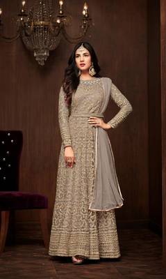 grey embroidered net semi stitched salwar with dupatta 1